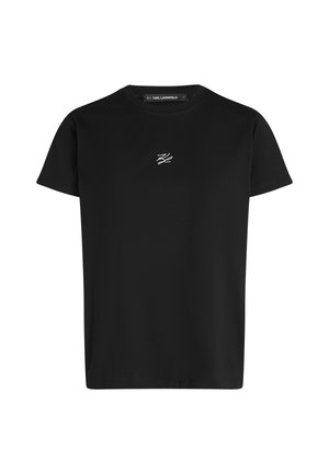 T-shirt de algodão preto com um corte clássico de pescoço redondo e mangas curtas. Apresenta um logótipo bordado em branco no peito. Textura suave.
