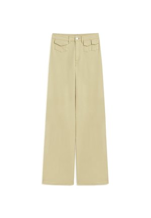 Beige wijde broek met een zachte textuur, voorzien van vijf zakken, een knoopsluiting en een rechte, langere silhouet.