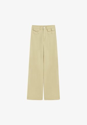 Beige wide-leg pants with a smooth texture, featuring five pockets, a button closure, and a straight, elongated silhouette.