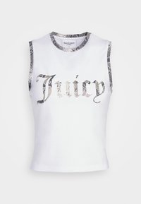 Bílý bezramenný crop top s kulatým výstřihem. Obsahuje hadí potisk "Juicy" v metalických barvách, lemovaný hadím potiskem.