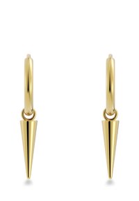 Goldene Creolen mit einem konischen Spike-Anhänger. Glatte Metalloberfläche mit poliertem Glanz, entworfen für einen zeitgemäßen Look.