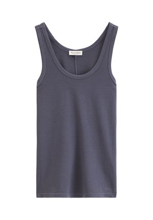 Bezrekawnik w ciemnoszarym kolorze z zaokrąglonym dekoltem i małą metką marki przy dekolcie.