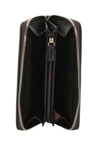 Black leather wallet with zip-around closure, multiple card slots, and a central zipped compartment. Textured interior with gold hardware accents.