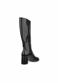 Botte en cuir noir jusqu'au genou avec une fermeture éclaire sur le côté, bout rond et un talon épais. Texture lisse et design minimaliste.