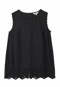 Haut noir sans manches avec encolure ronde et bordure en dentelle festonnée le long des emmanchures et de l'ourlet, avec un motif floral découpé.