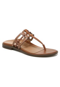 Brown flat sandals with a thong design, featuring geometric cut-out accents and contrasting stitching on a smooth upper. Textured footbed.