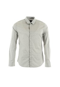 Chemise à manches longues de couleur gris clair avec un col boutonné, présentant un motif à pois et une texture subtile ; fermeture à boutons à l'avant.