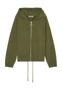 Felpa verde oliva con zip, orlo con coulisse, maniche raglan e una texture morbida e liscia. Presenta una zip argentata e un cappuccio.