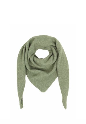 Soft, knitted triangular scarf in muted green, folded with two long ends hanging down against a white background.
