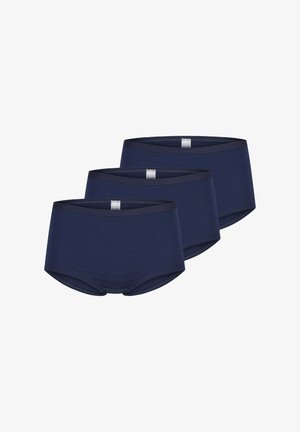 Three navy blue seamless hipster briefs stacked, showing front and waistband with small white tags inside.