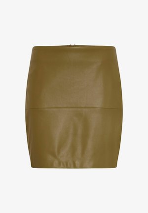 Gonna in finta pelle khaki con silhouette aderente, texture liscia e chiusura a zip discreta sul retro. Nessun motivo o accento evidente.