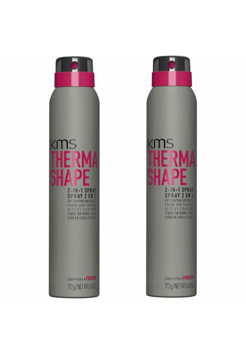 Gray aerosol spray can with a pink label and black accents. Text reads "KMS THERMA SHAPE 2-IN-1 SPRAY," featuring a matte finish.
