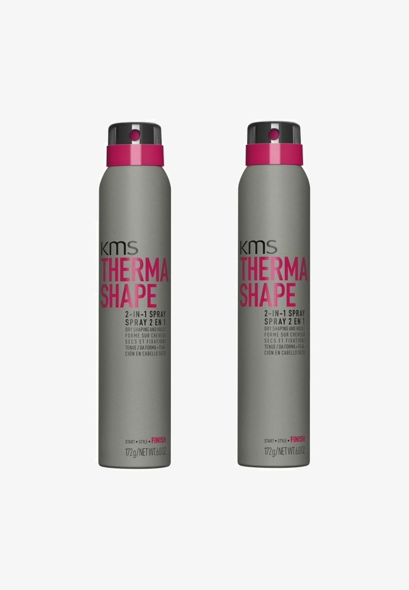 Gray aerosol spray can with a pink label and black accents. Text reads "KMS THERMA SHAPE 2-IN-1 SPRAY," featuring a matte finish.