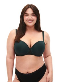 Black lace-accented bra in dark green, featuring a smooth molded design, adjustable straps, and a decorative center detail.