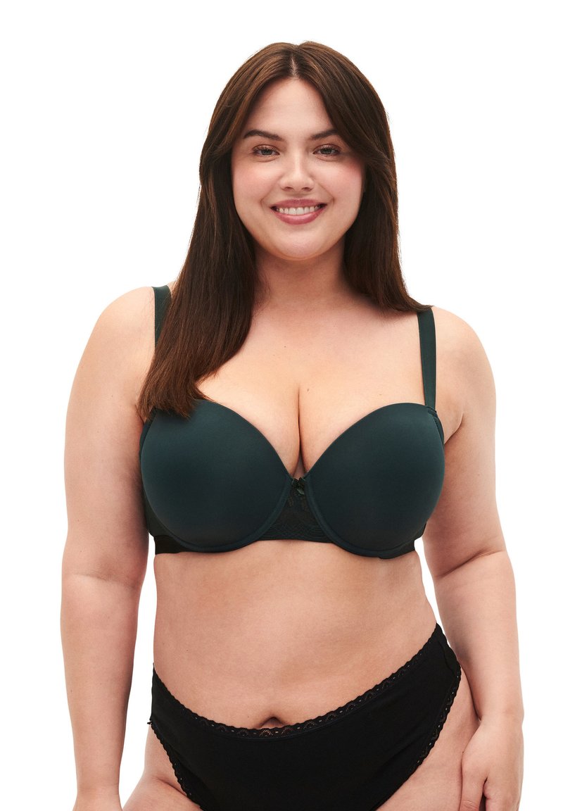 Black lace-accented bra in dark green, featuring a smooth molded design, adjustable straps, and a decorative center detail.
