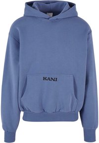 Felpa con cappuccio in tessuto azzurro chiaro con tasca a marsupio. Presenta polsini e orlo a costine, con la scritta "KANI" stampata in nero sul davanti.
