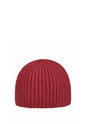 Red knitted beanie hat with vertical ribbed texture, rounded top, and no visible logos or decorations.