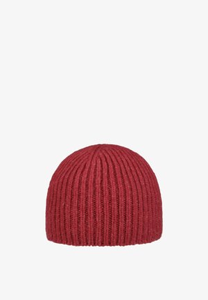 Red knitted beanie hat with vertical ribbed texture, rounded top, and no visible logos or decorations.