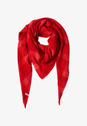 Red triangular scarf with subtle checkered pattern, soft texture, and a small white label on one pointed end.