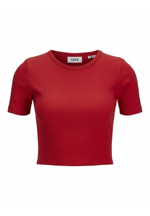 Camiseta corta de punto acanalado roja con mangas cortas y escote redondo.