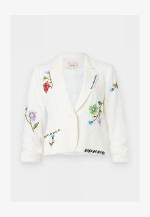 Λευκό σακάκι με πολύχρωμη κεντημένη λουλουδένια διακόσμηση και διακοσμητικές χάντρες στο μπροστινό μέρος, τα μανίκια και τα πέτα, με ένα κουμπί στο κλείσιμο και γιακά με αυλάκι.