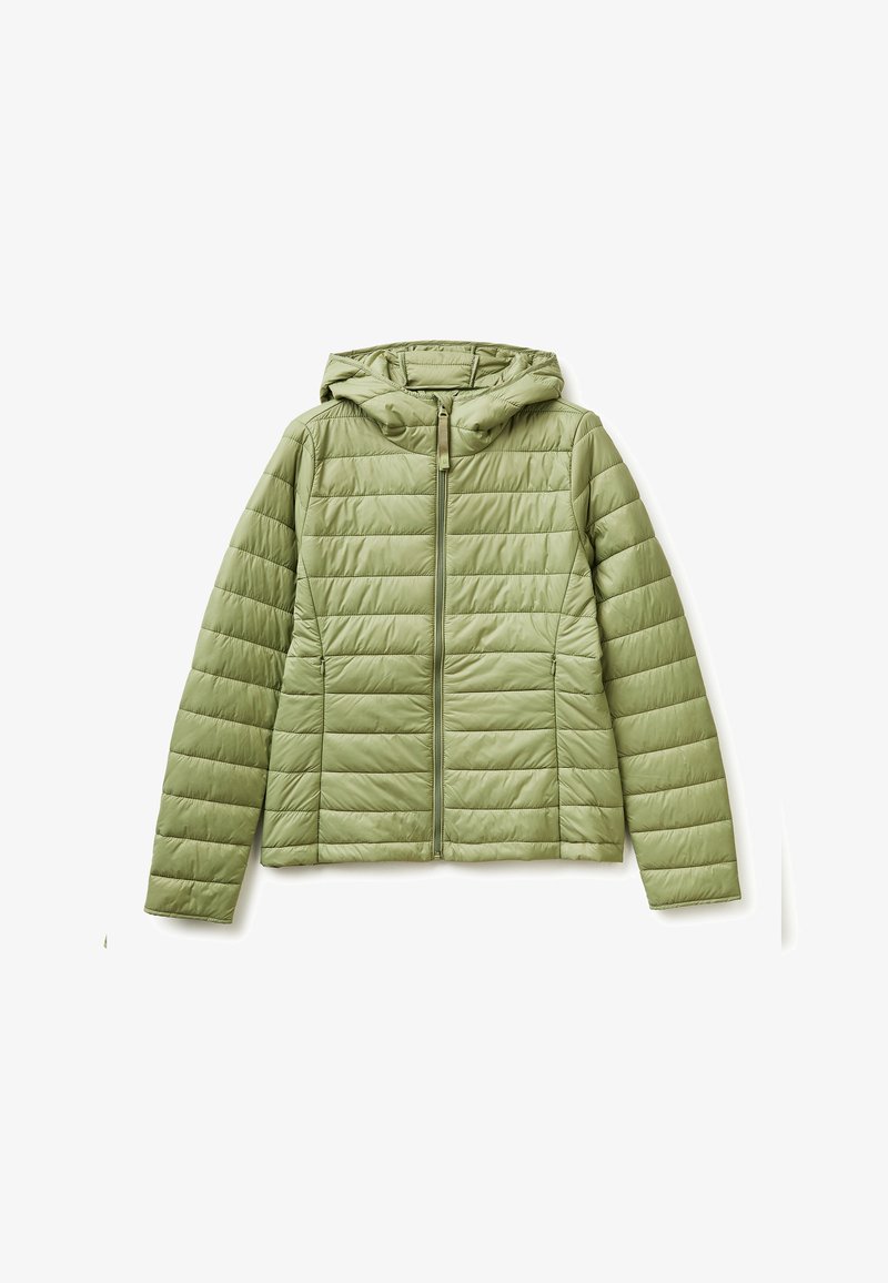 Hellgrüne Steppjacke mit horizontalen Nähten, langen Ärmeln, Frontreißverschluss und angenähter Kapuze auf weißem Hintergrund.