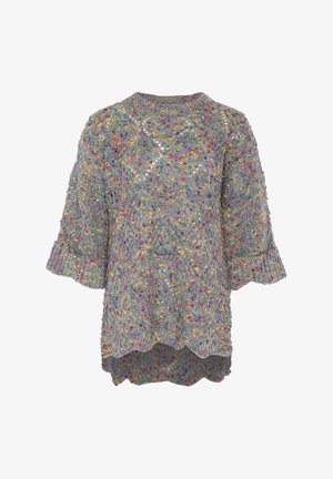 Pulover tricotat multicolor cu guler rotund, mâneci trei sferturi și tiv zimțat. Fabricat din fire texturate cu culori variate.