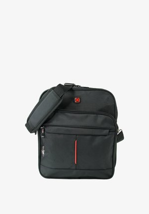 Zwarte schoudertas voor laptop met gevoerde verstelbare band, voorvak met rits en klein rood logo op gestructureerde stof.