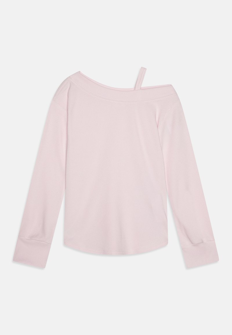 Light pink off-the-shoulder long-sleeve top, ribbed texture, with a single strap on one shoulder and cuffed sleeves.