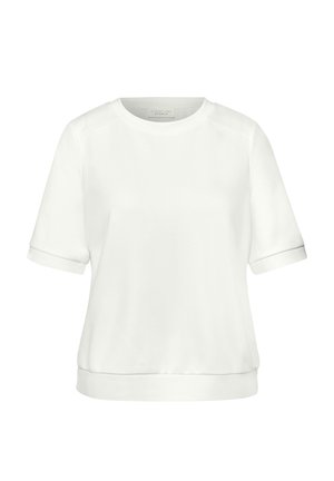Sweat-shirt blanc à manches courtes avec col rond, manches retroussées et ourlet côtelé, présenté sur un fond blanc uni.