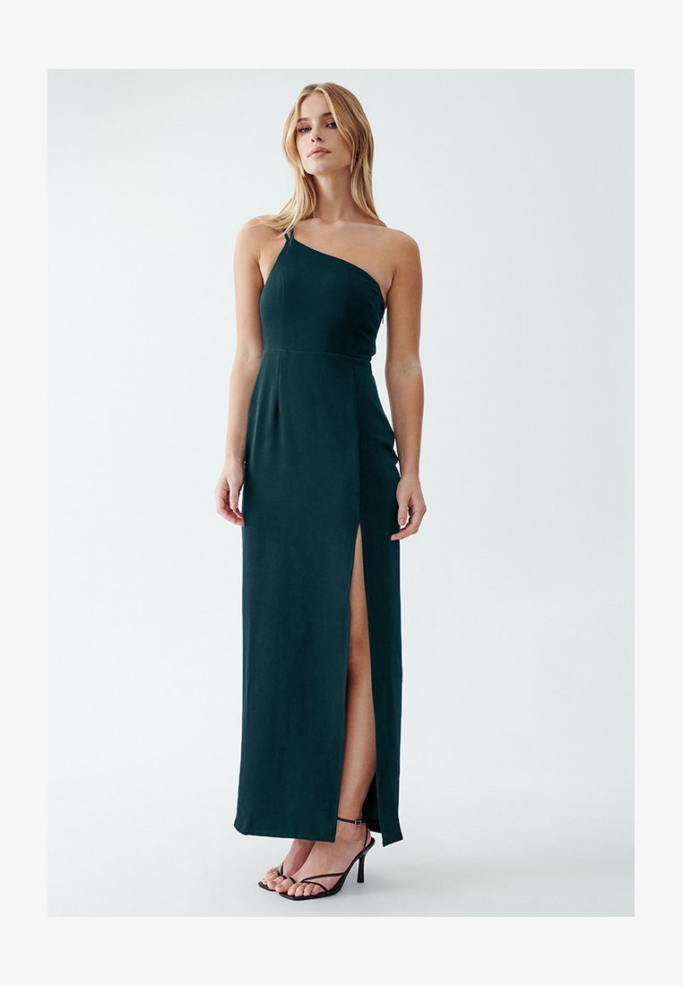 Yummy Bee Vestito Maxi Lungo Estivo Taglie Forti - Stampa Piume Di Pavone, Scollo A Spalline, Dettaglio In Pizzo, Colore Verde, 3XL