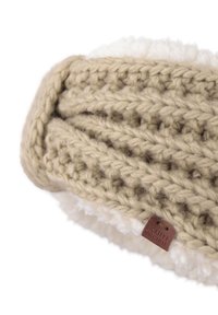 Gehaakte hoofdband in beige met een gemêleerd ontwerp. Zachte, pluizige witte binnenvoering met een klein leren label met "Bickley Mitchell."