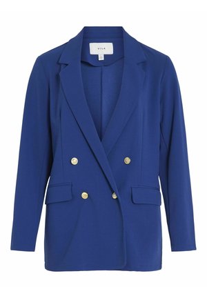 Blue double-breasted blazer made of smooth fabric with gold buttons, two front pockets, and a classic lapel design.
