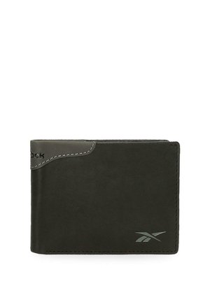 Cartera negra de doble pliegue con detalle gris en la esquina y logo de Reebok grabado en la parte frontal inferior derecha.