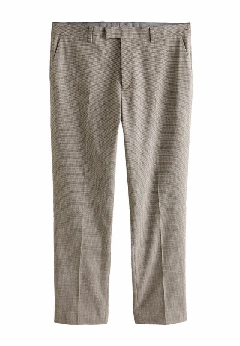 Pantalon beige à motif avec une coupe décontractée, doté d'une fermeture à bouton et à glissière, de deux poches avant et d'une texture de tissu lisse.