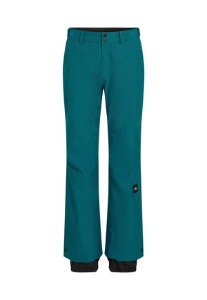 Teal snöbyxor med en avslappnad passform, som har en svart midja och nedre muddar. Materialet är hållbart med en subtil textur och en logopatch på sidan.