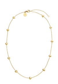Goldene Halskette mit kleinen herzförmigen Gliedern und einer zarten Kette. Enthält einen Karabinerverschluss und ein Etikett mit dem Markennamen.