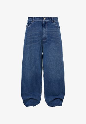 Blauwe denim baggy jeans met een hoge taille, vijf zakken en een knoopsluiting. Kenmerkt zichtbare stiksels en een omgeslagen zoomontwerp.