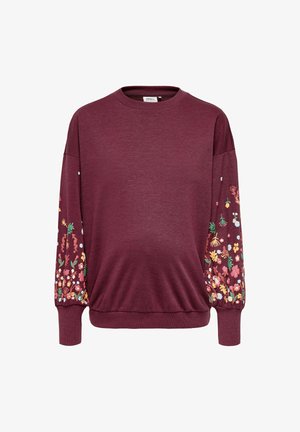 Bordeaux sweatshirt met geborduurd bloemenpatroon op de mouwen, ronde halslijn en geribbelde manchetten, gemaakt van zachte stof met een lichte losse pasvorm.