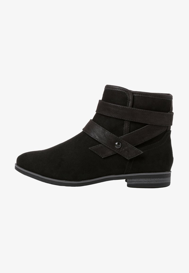 Bottes basses en daim noir avec bout rond, double sangle en cuir sur le devant et petit talon bloc. Texture lisse avec finition mate.