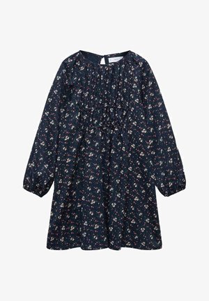 Robe bleu marine à manches longues avec petit motif floral blanc et rose, taille froncée et encolure ronde avec bouton au dos.