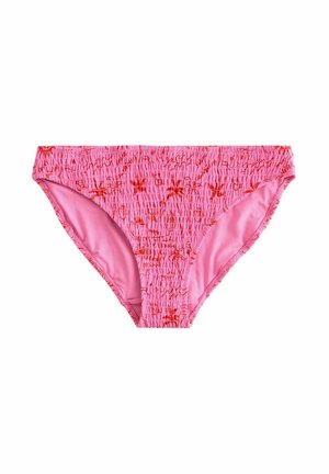 Różowe majtki bikini z marszczoną fakturą i kwiatowym wzorem w odcieniach czerwieni, z miękką podszewką i elastycznym paskiem w talii.