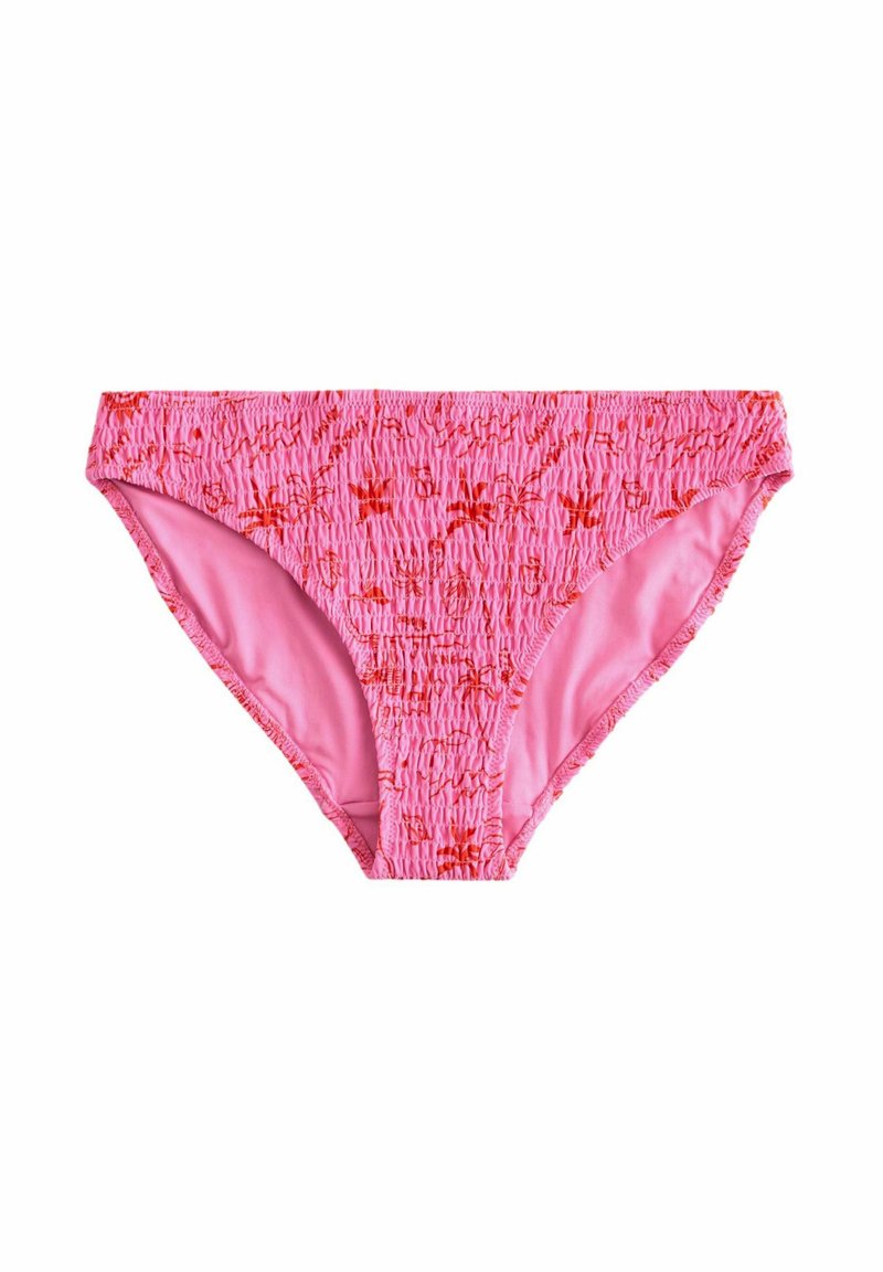 Rožinė bikini apatinė dalis su surinkta tekstūra ir gėlių raštu raudonos atspalviuose, pasižyminti minkšta vidine pamušalu ir elastingu juosmeniu.