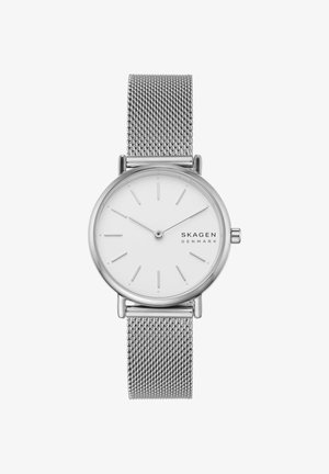 Reloj de pulsera Skagen Denmark plateado con esfera blanca, marcadores de hora minimalistas y correa de malla plateada, mostrando la hora 10:10:08.