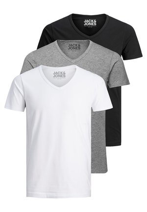 Three v-neck t-shirts: one white, one gray, and one black. Made of cotton, featuring short sleeves and a smooth texture. Brand logo visible.