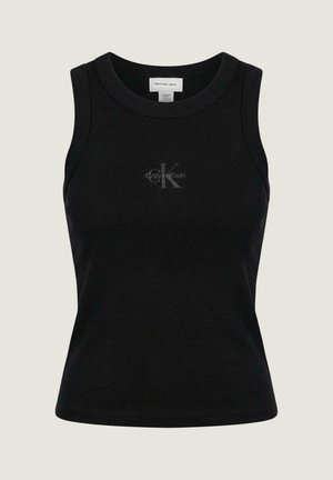 Débardeur noir côtelé sans manches avec le logo Calvin Klein centré sur la poitrine et col rond.