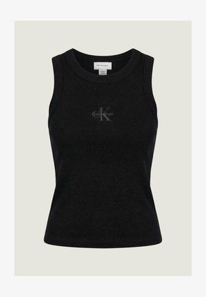 Débardeur noir côtelé sans manches avec le logo Calvin Klein centré sur la poitrine et col rond.