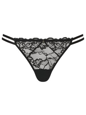 G-string nero in pizzo con motivi floreali, bordi ondulati e lati a doppio strap. Include un piccolo dettaglio metallico sul retro.