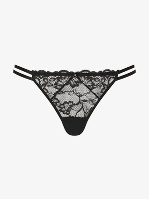 Sort blondel med blomster mønstre, bølgede kanter og dobbelt stropper i siderne. Inkluderer en lille metallisk detalje bagpå.