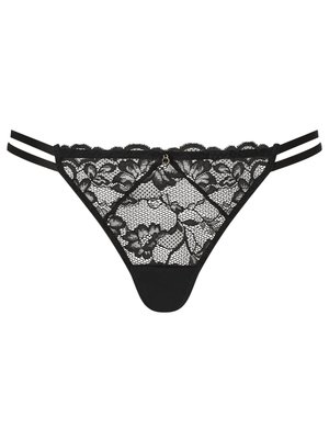 Tanga de encaje negro con patrones florales, bordes en forma de ondas y lados de doble tirante. Incluye un pequeño detalle metálico en la parte posterior.